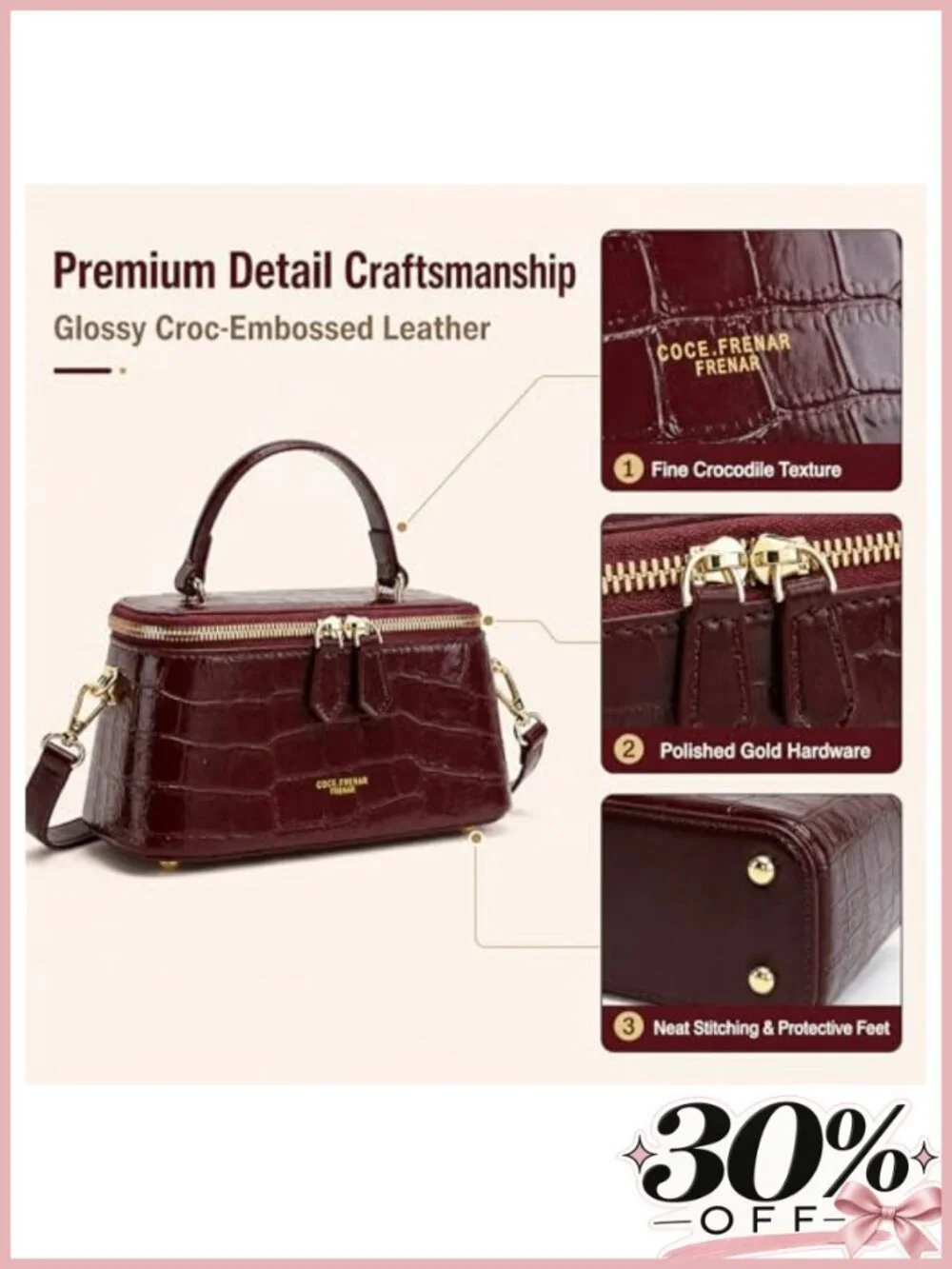 Croc-Embossed Faux Leather Crossbody Bag Adjustable Strap Small Square Satchel